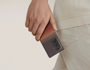 Pitaka Ultra Slim Rear Case for Samsung Galaxy Z Fold 7 with Fusion Weaving aramid fiber, MagSafe compatible, shown in Sunset and Moonrise colors, at Thabthaba Store Qatar