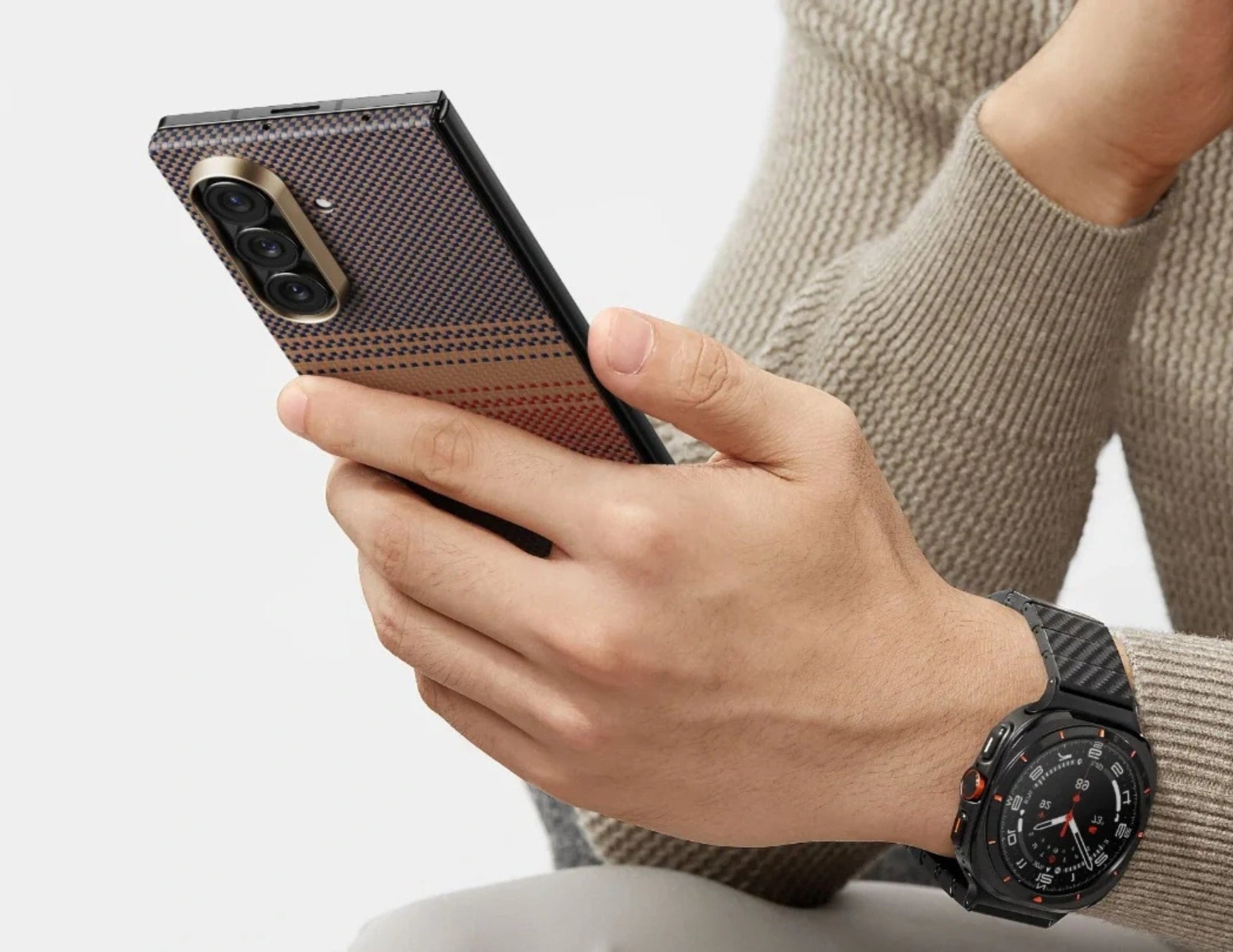 Pitaka Ultra Slim Rear Case for Samsung Galaxy Z Fold 7 with Fusion Weaving aramid fiber, MagSafe compatible, shown in Sunset and Moonrise colors, at Thabthaba Store Qatar