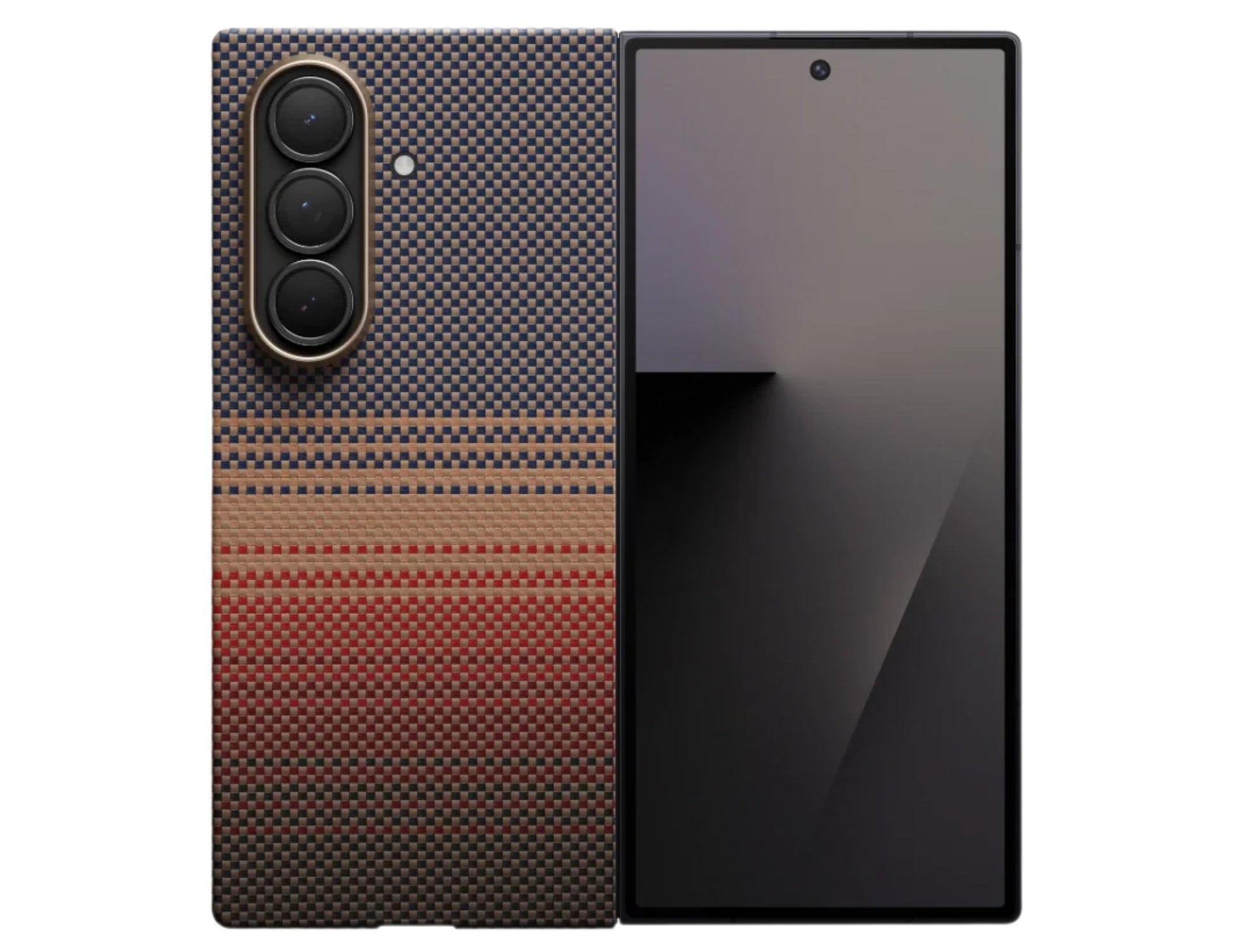 Pitaka Ultra Slim Rear Case for Samsung Galaxy Z Fold 7 with Fusion Weaving aramid fiber, MagSafe compatible, shown in Sunset and Moonrise colors, at Thabthaba Store Qatar