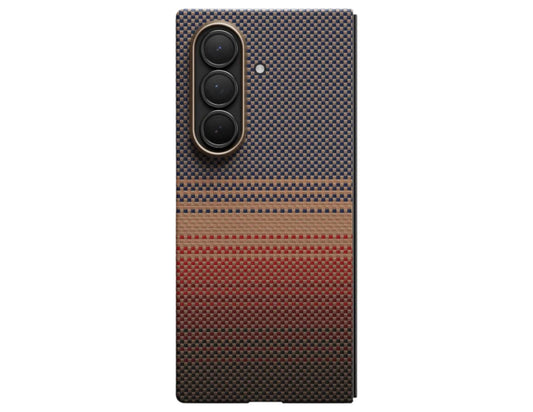 Pitaka Ultra Slim Rear Case for Samsung Galaxy Z Fold 7 with Fusion Weaving aramid fiber, MagSafe compatible, shown in Sunset and Moonrise colors, at Thabthaba Store Qatar