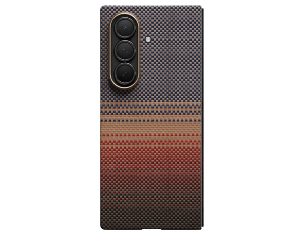 Pitaka Ultra Slim Rear Case for Samsung Galaxy Z Fold 7 with Fusion Weaving aramid fiber, MagSafe compatible, shown in Sunset and Moonrise colors, at Thabthaba Store Qatar