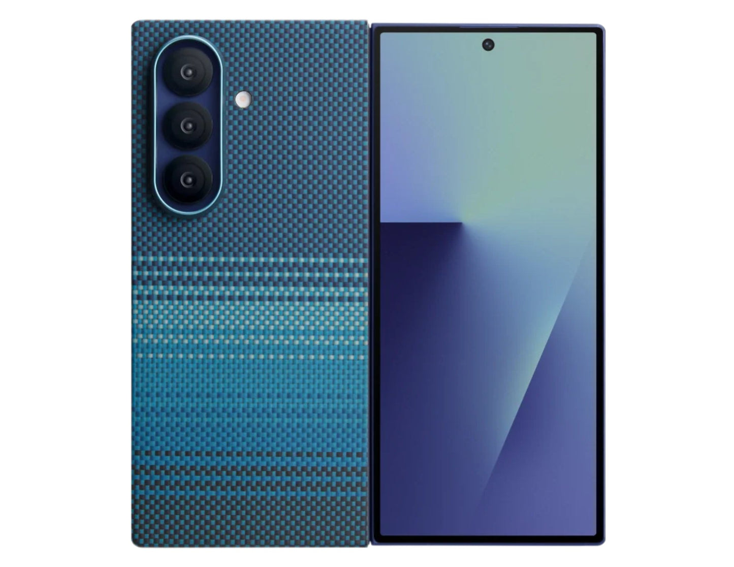 Pitaka Ultra Slim Rear Case for Samsung Galaxy Z Fold 7 with Fusion Weaving aramid fiber, MagSafe compatible, shown in Sunset and Moonrise colors, at Thabthaba Store Qatar