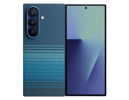 Pitaka Ultra Slim Rear Case for Samsung Galaxy Z Fold 7 with Fusion Weaving aramid fiber, MagSafe compatible, shown in Sunset and Moonrise colors, at Thabthaba Store Qatar