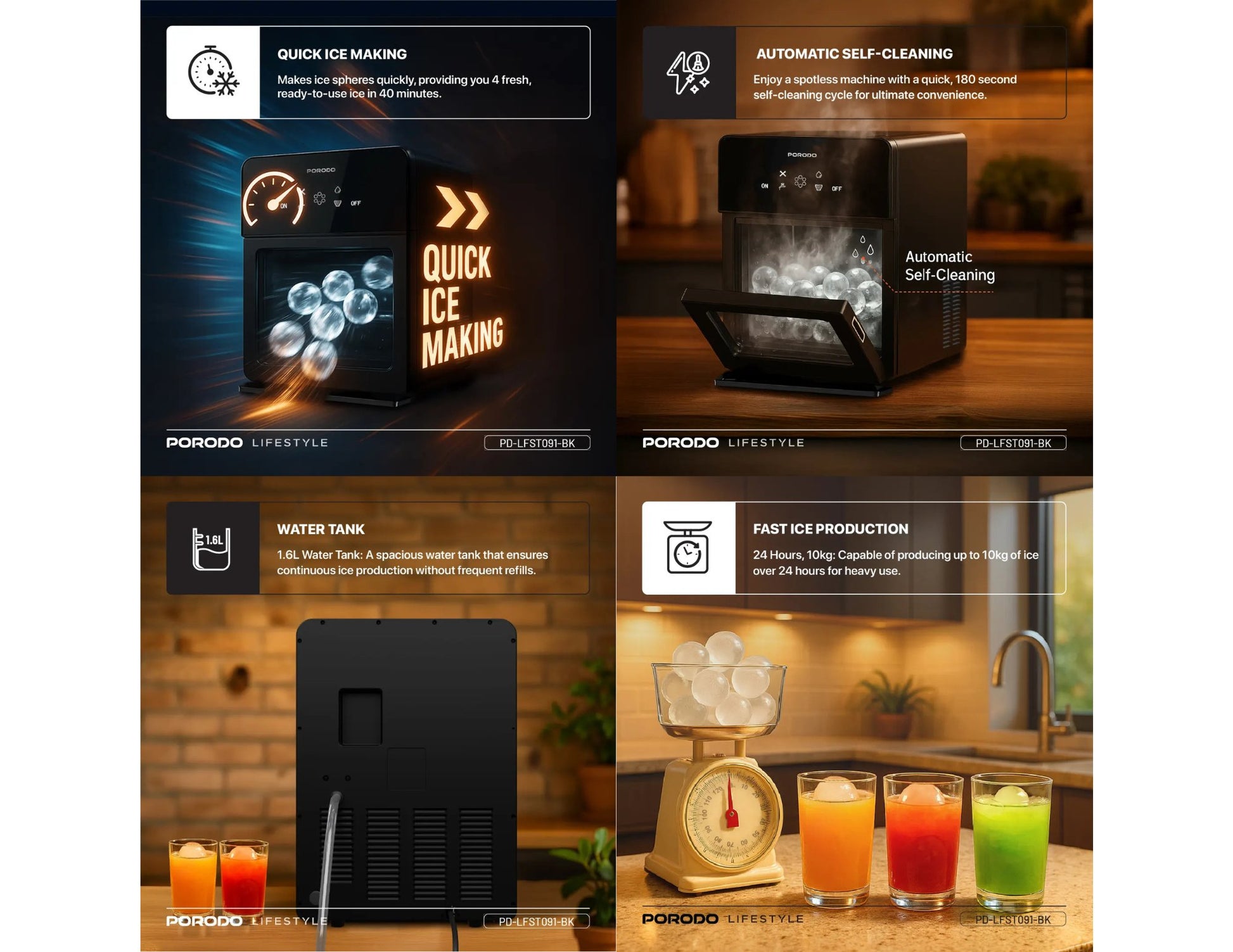 Porodo Lifestyle sphere ice machine black with self-cleaning and 10kg daily ice capacity
