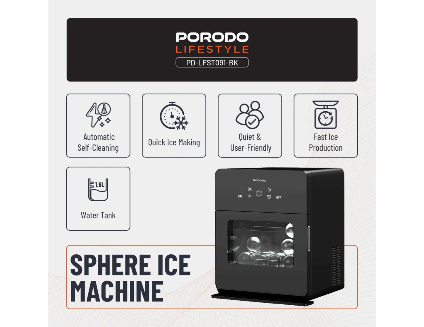 Porodo Lifestyle sphere ice machine black with self-cleaning and 10kg daily ice capacity