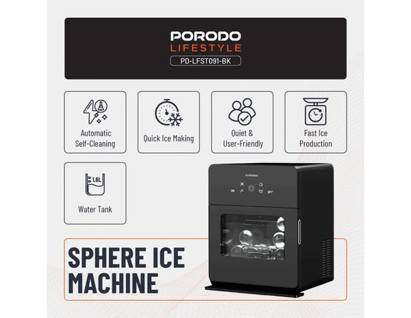 Porodo Lifestyle sphere ice machine black with self-cleaning and 10kg daily ice capacity