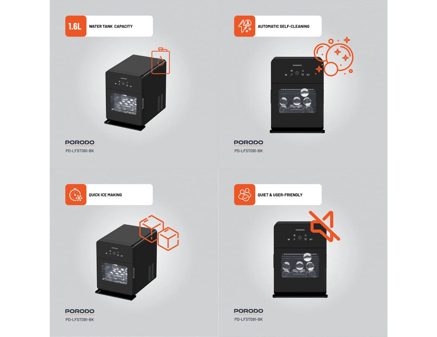 Porodo Lifestyle sphere ice machine black with self-cleaning and 10kg daily ice capacity