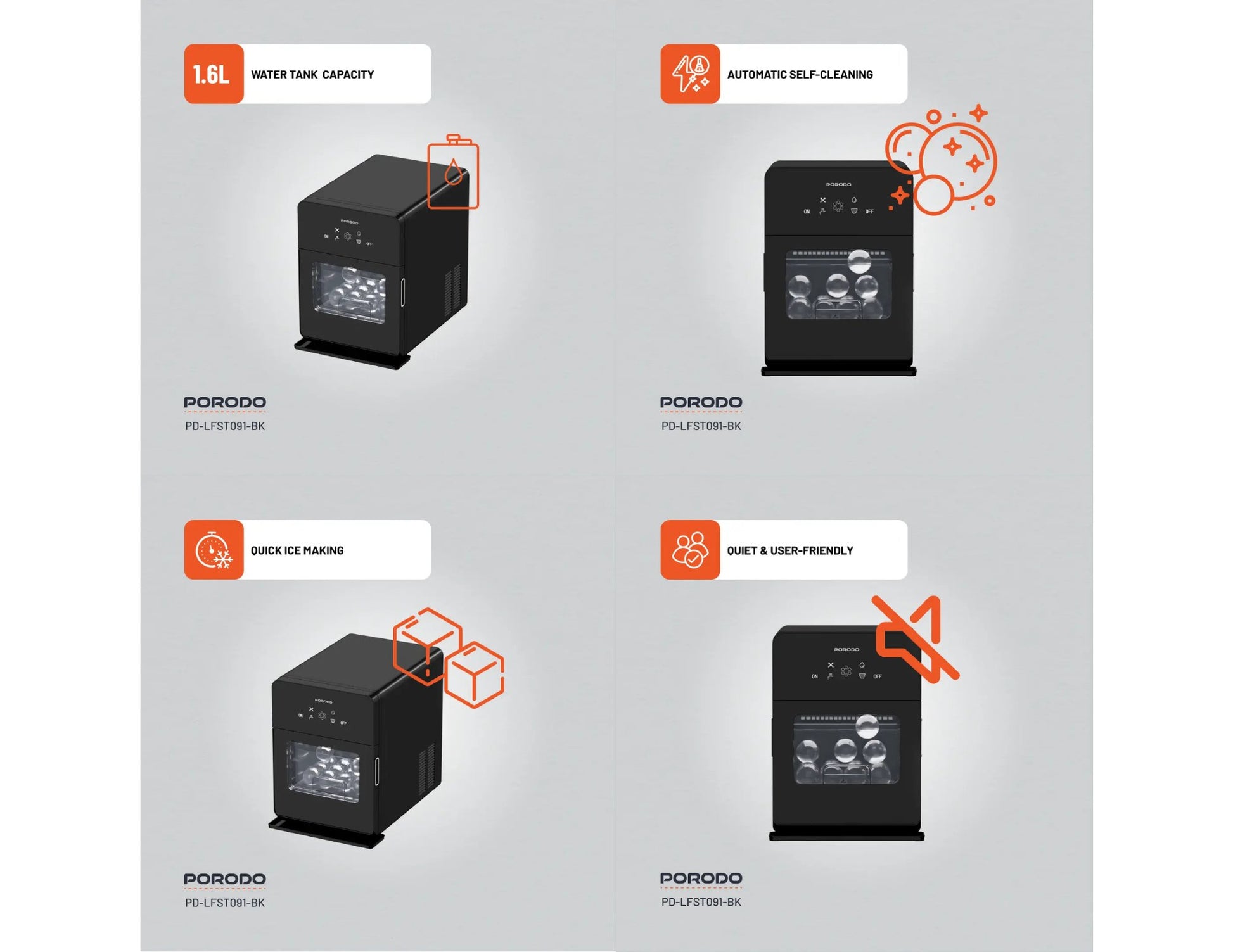 Porodo Lifestyle sphere ice machine black with self-cleaning and 10kg daily ice capacity