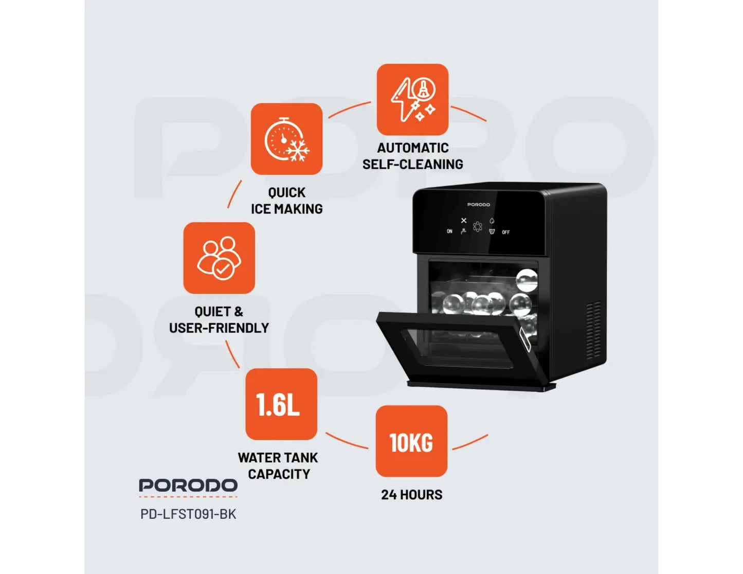 Porodo Lifestyle sphere ice machine black with self-cleaning and 10kg daily ice capacity