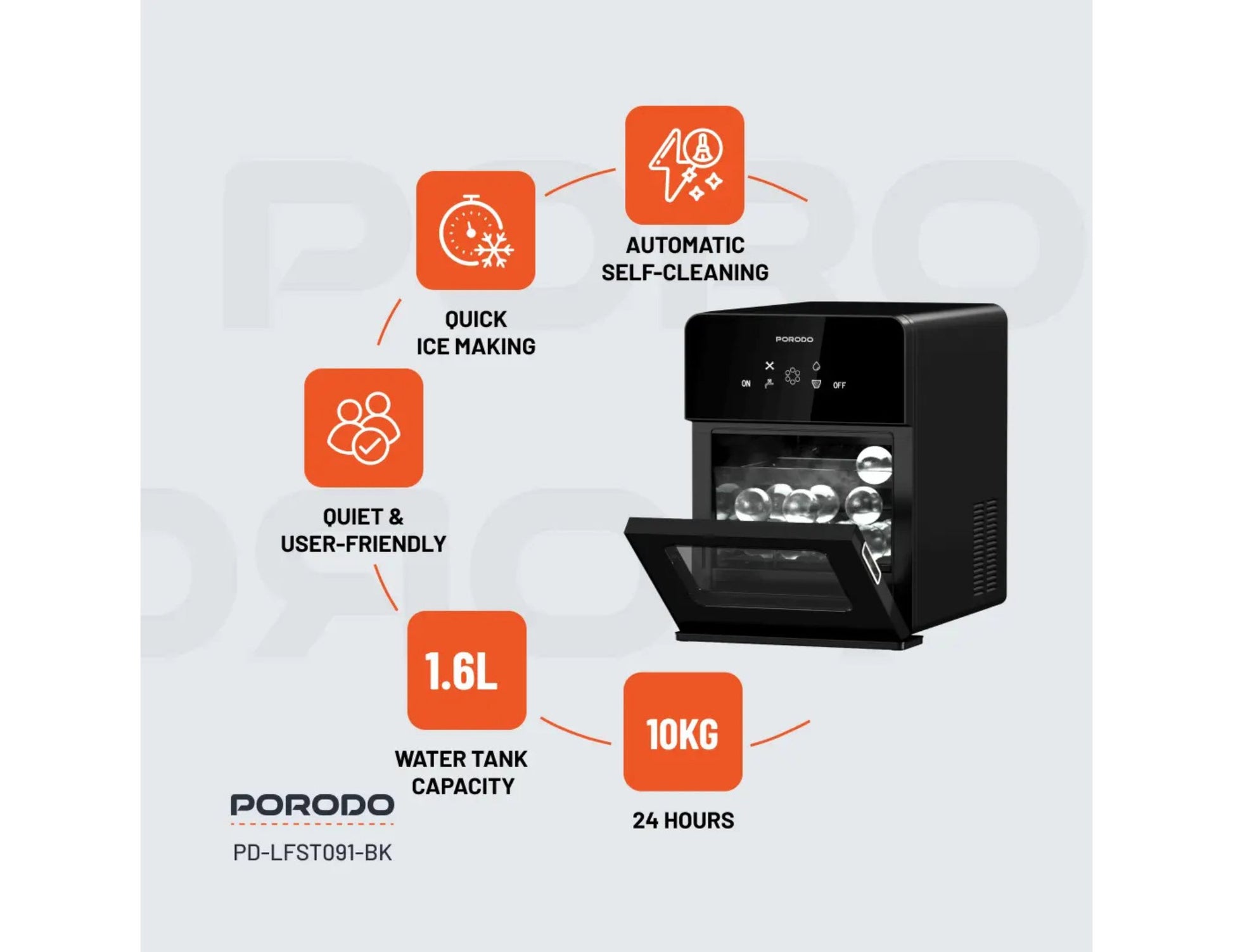 Porodo Lifestyle sphere ice machine black with self-cleaning and 10kg daily ice capacity