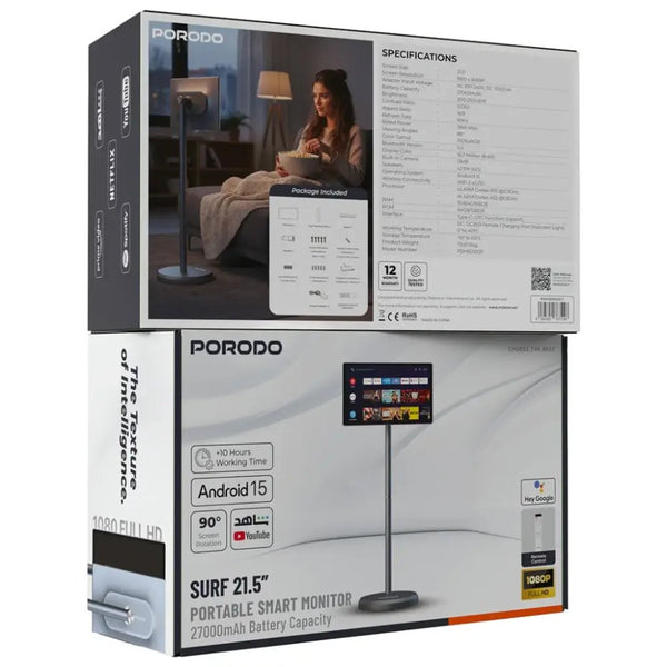 Porodo Surf 21.5-inch portable smart monitor with Android 15, 27000mAh battery and Full HD touchscreen Gray Qatar