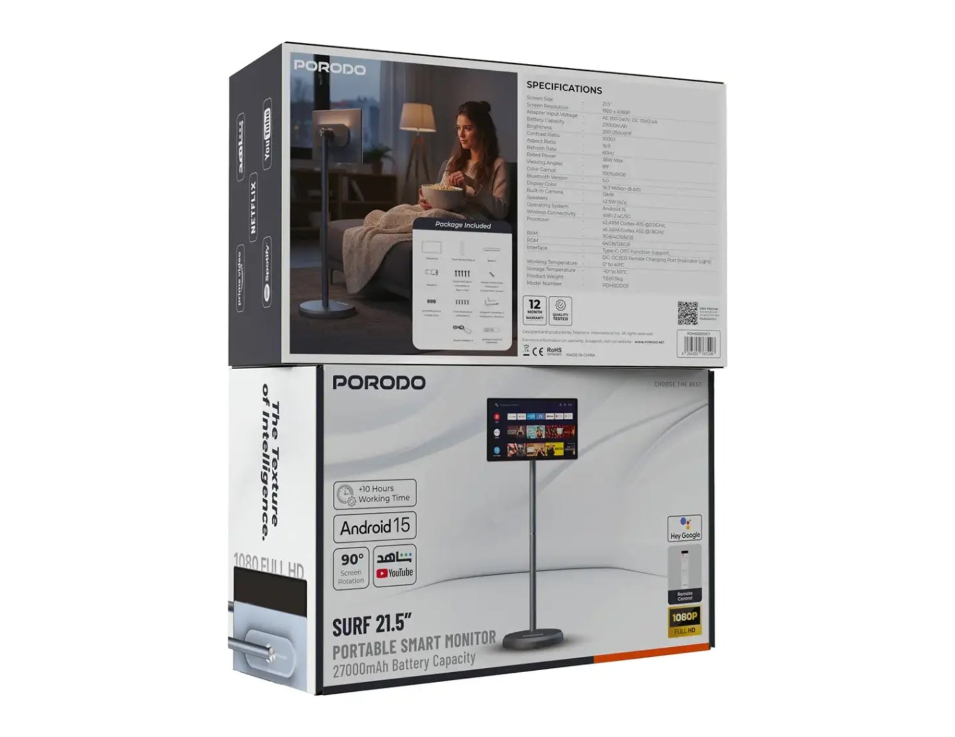 Porodo Surf 21.5 inch portable smart monitor gray with Android 15 and 27000mAh battery