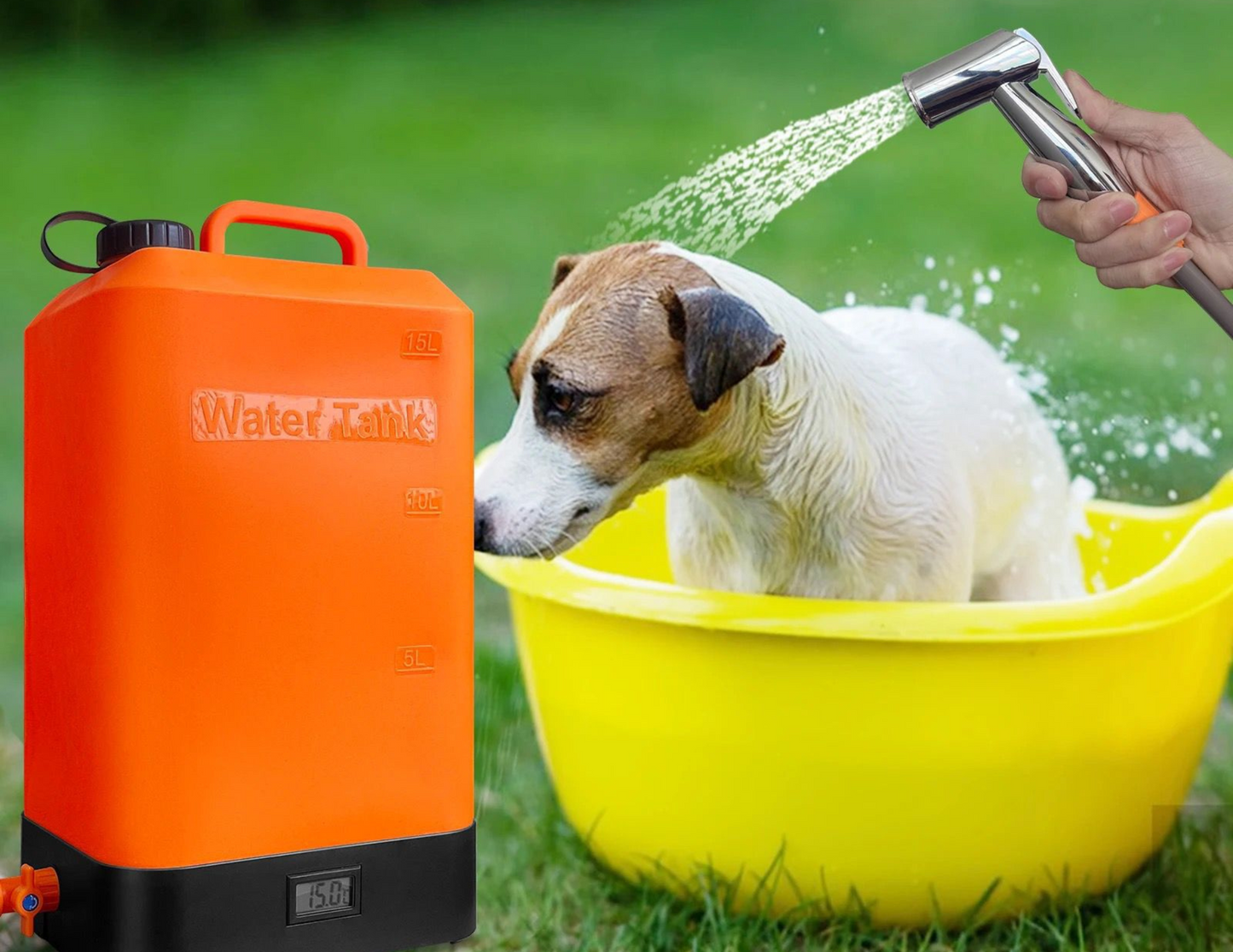 Outdoor shower being used to clean a pet with gentle water flow.