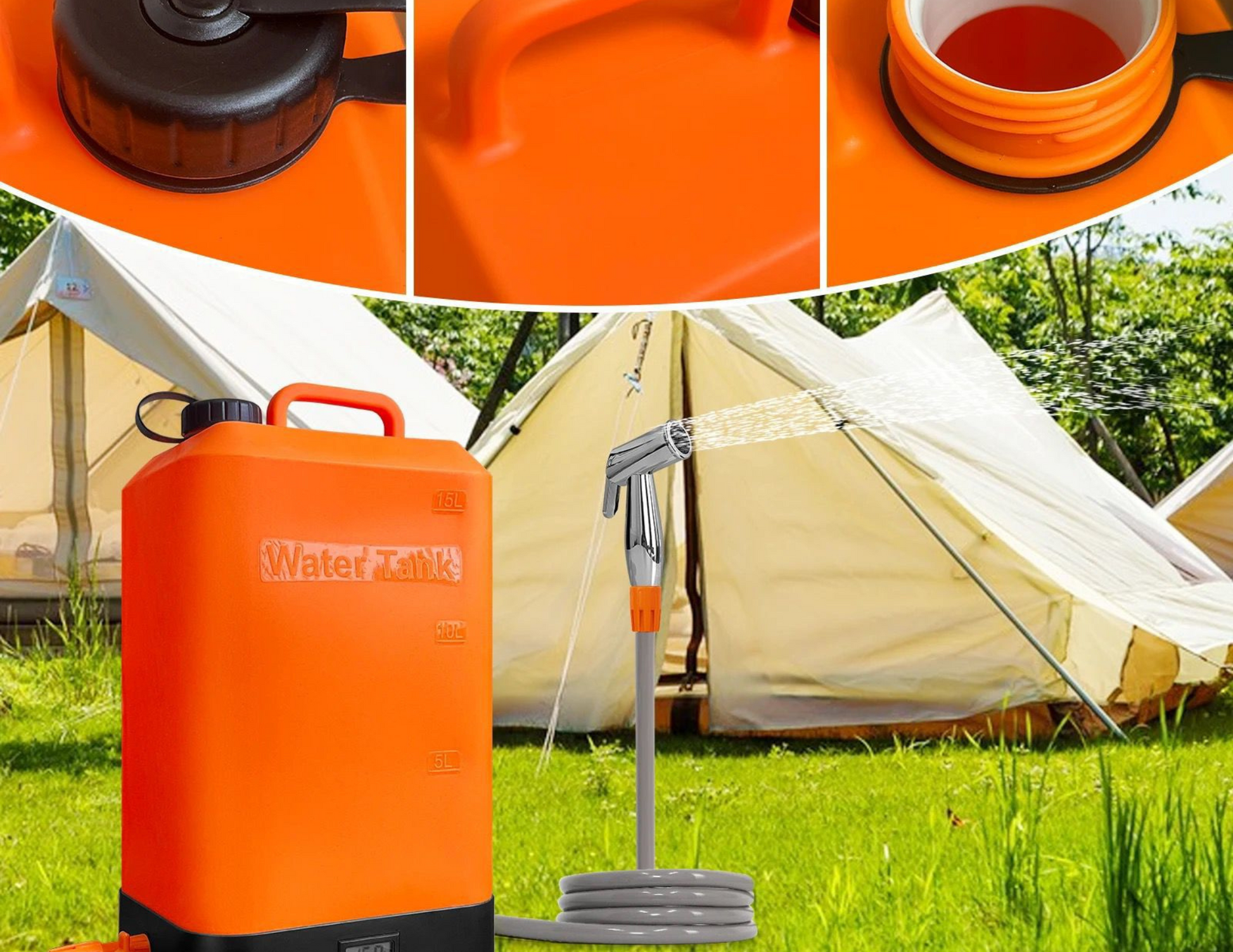 Solar-heated portable shower in use during a sunny camping trip.