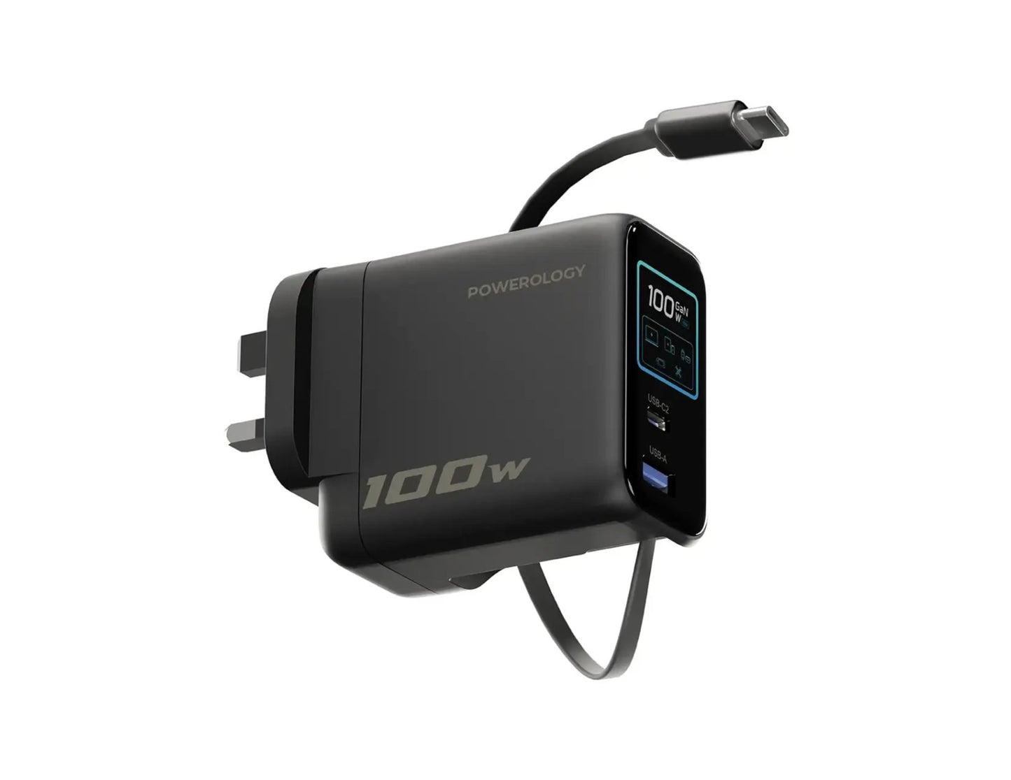 Powerology 100W TFT adapter retractable Type-C cable black Qatar