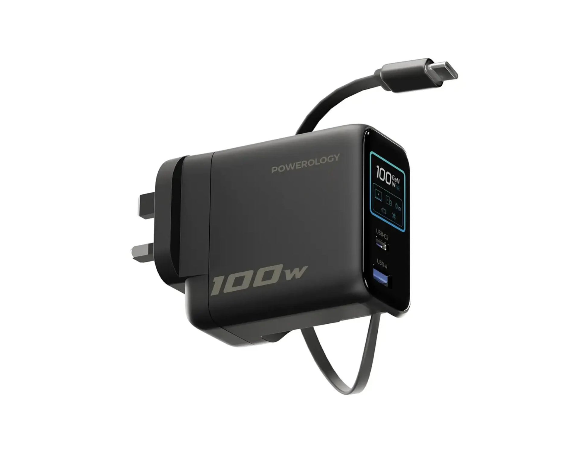 Powerology 100W TFT adapter retractable Type-C cable black Qatar