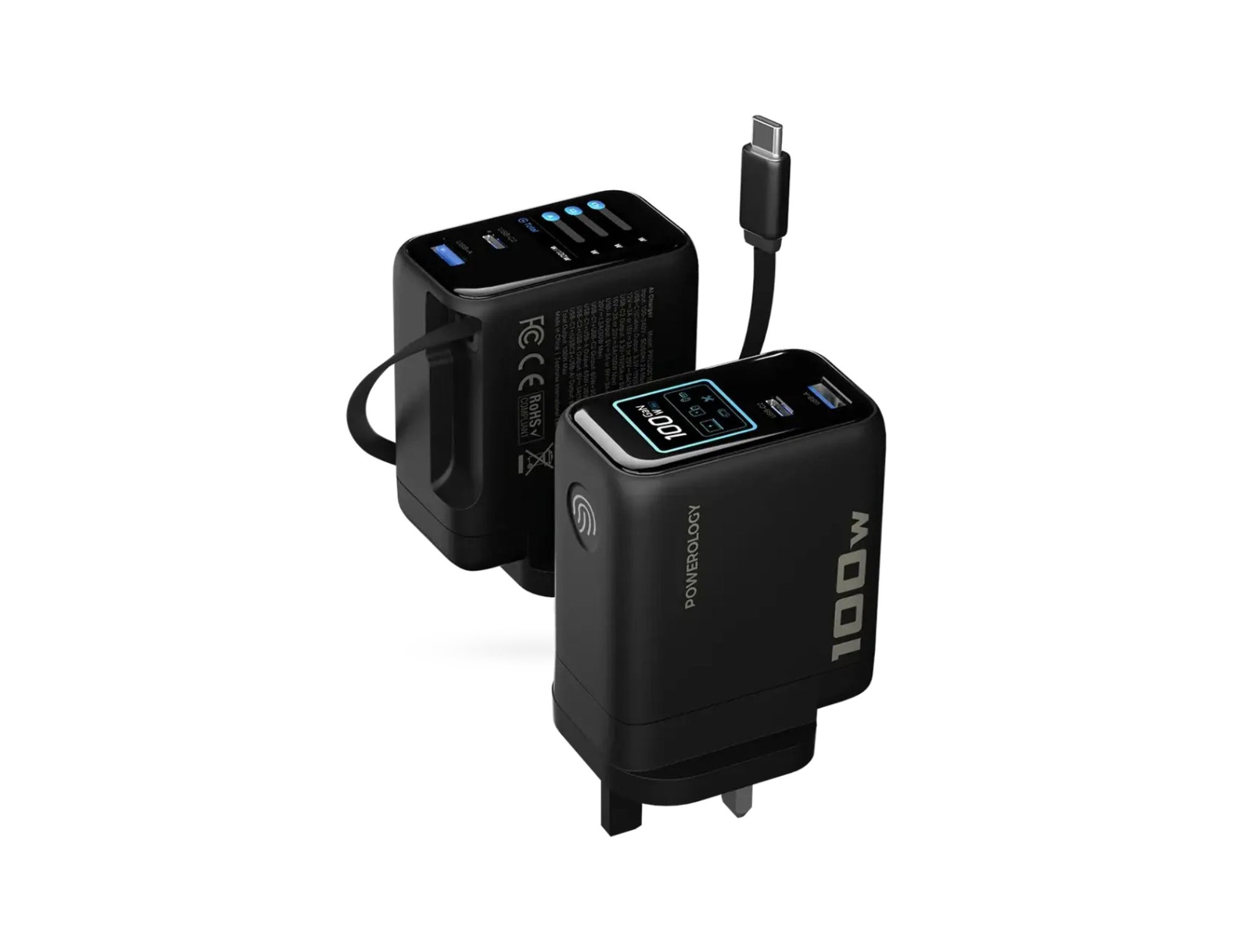 Powerology 100W TFT adapter retractable Type-C cable black Qatar