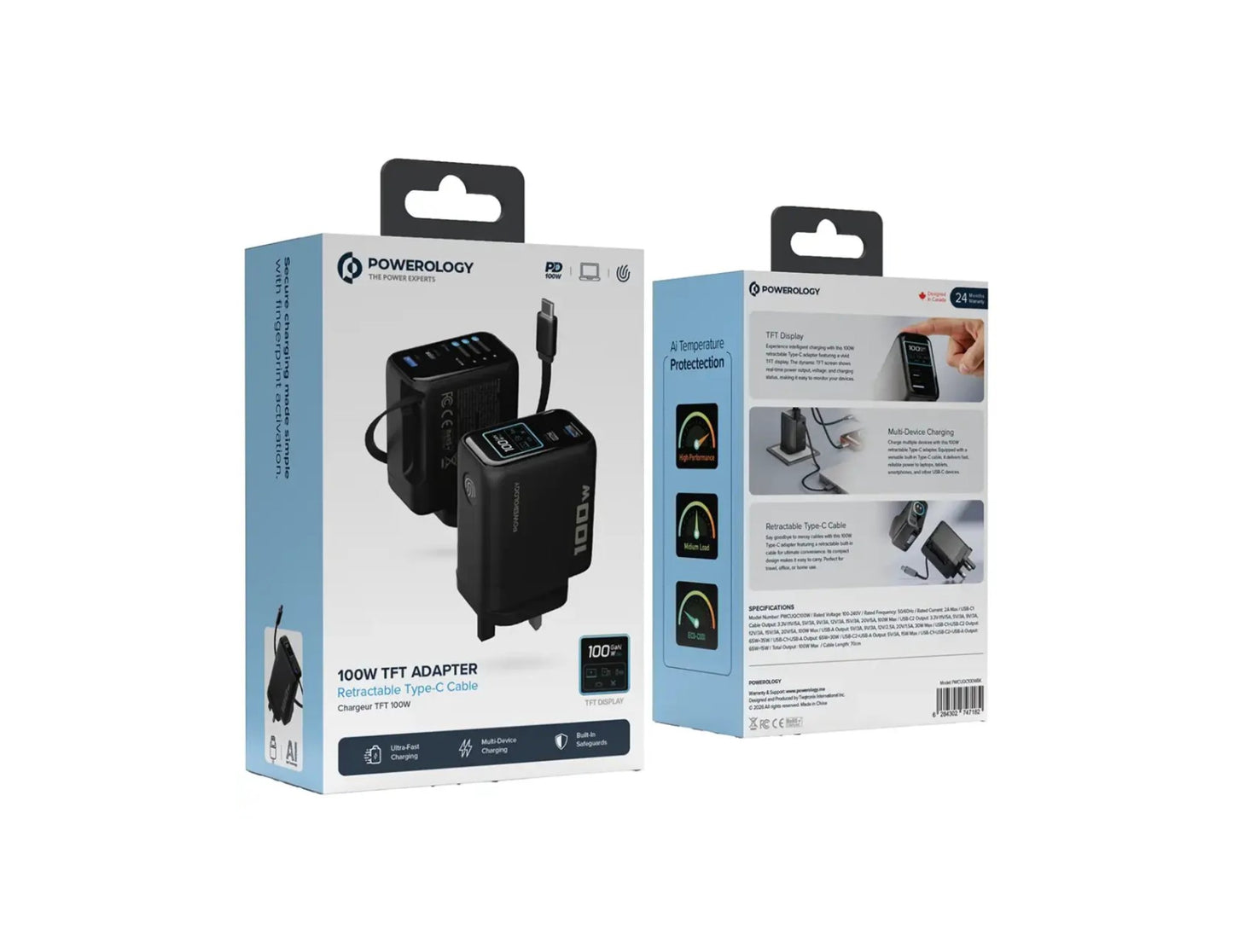 Powerology 100W TFT adapter retractable Type-C cable black Qatar