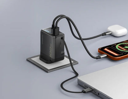 Powerology 100W TFT adapter retractable Type-C cable black Qatar