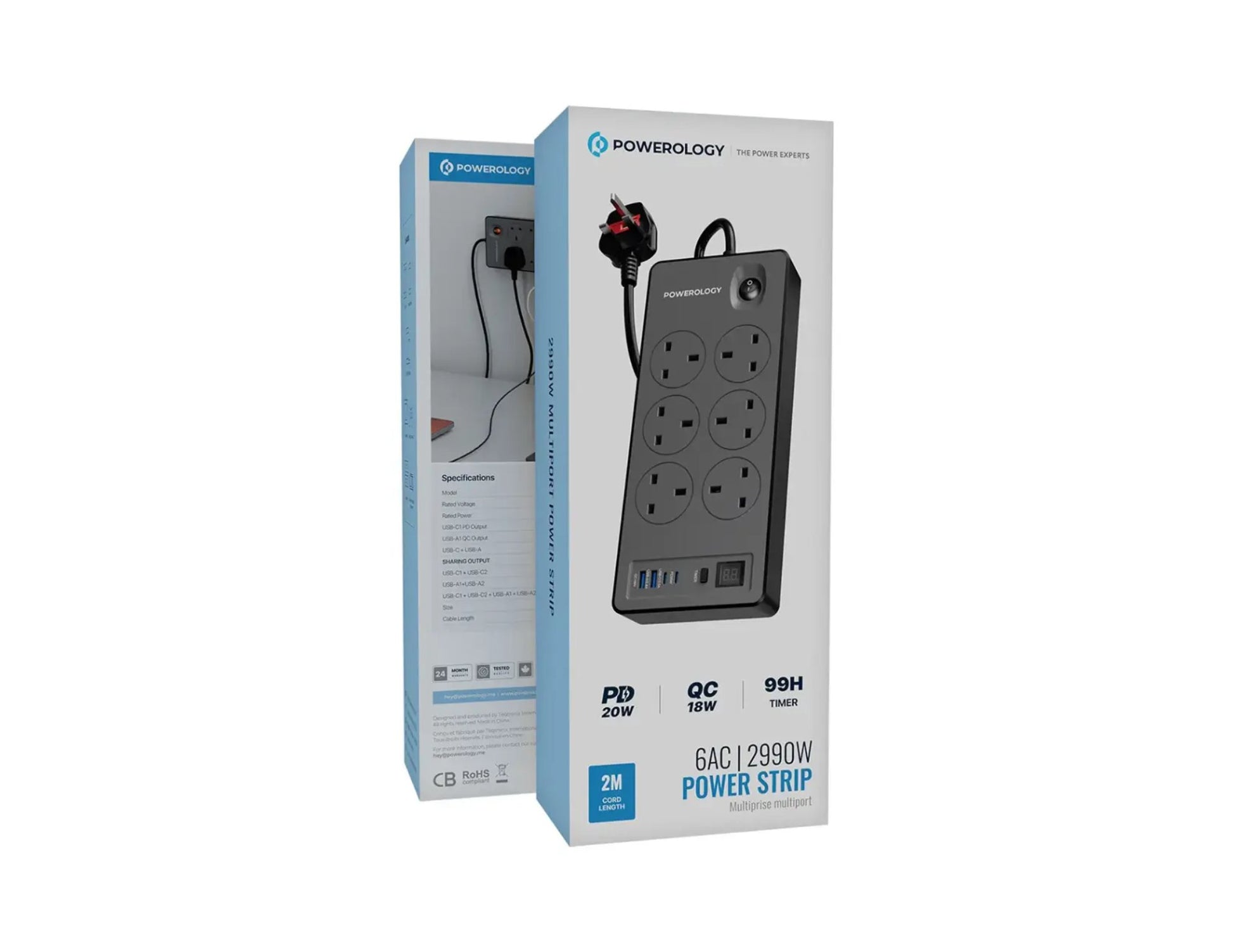 Powerology 6AC 2990W power strip black USB-C PD 20W Qatar