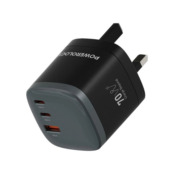 Powerology Mondial 70W GaN III universal travel charger in black with three USB ports, rotatable international plug and included cable in Qatar