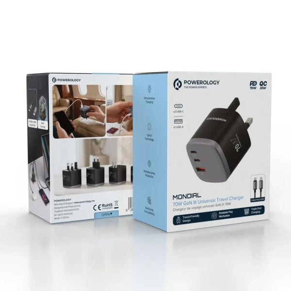 Powerology Mondial 70W GaN III universal travel charger in black with three USB ports, rotatable international plug and included cable in Qatar