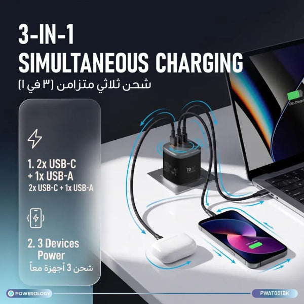 Powerology Mondial 70W GaN III universal travel charger in black with three USB ports, rotatable international plug and included cable in Qatar