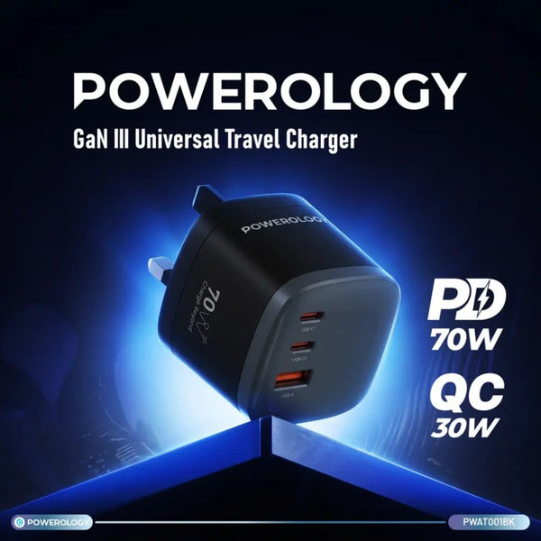 Powerology Mondial 70W GaN III universal travel charger in black with three USB ports, rotatable international plug and included cable in Qatar