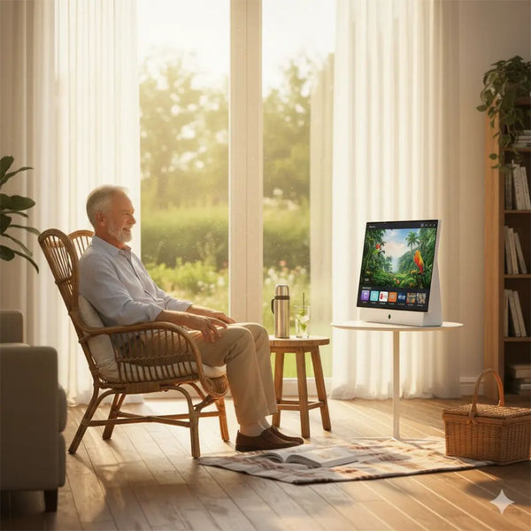 Powerology PG27FWH white 27-inch portable Full HD Smart TV with Android 14, 38400mAh battery and built-in stereo speakers in Qatar