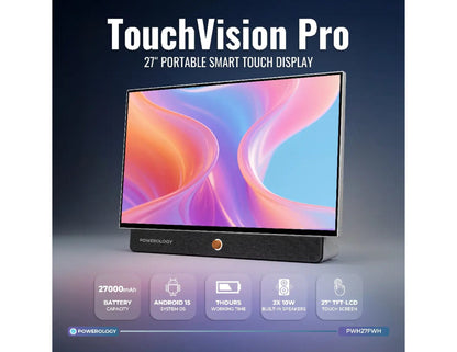 Powerology TouchVision Pro 27-inch portable smart touch display with Android 15 and Full HD screen.