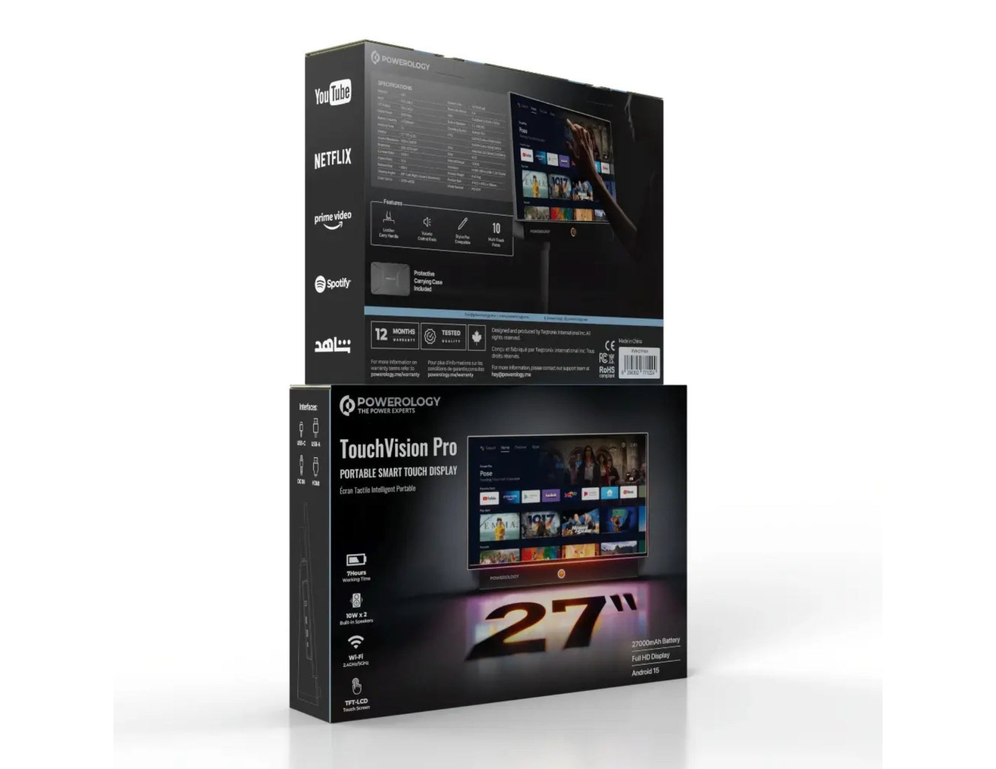Powerology TouchVision Pro 27-inch portable smart touch display with Android 15 and Full HD screen.