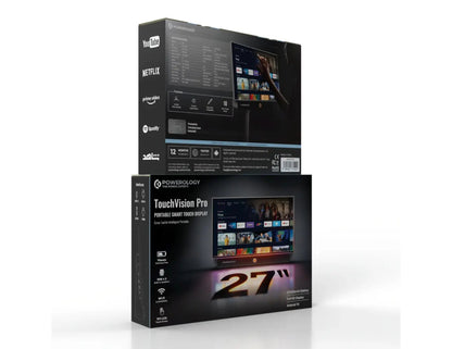 Powerology TouchVision Pro 27-inch portable smart touch display with Android 15 and Full HD screen.