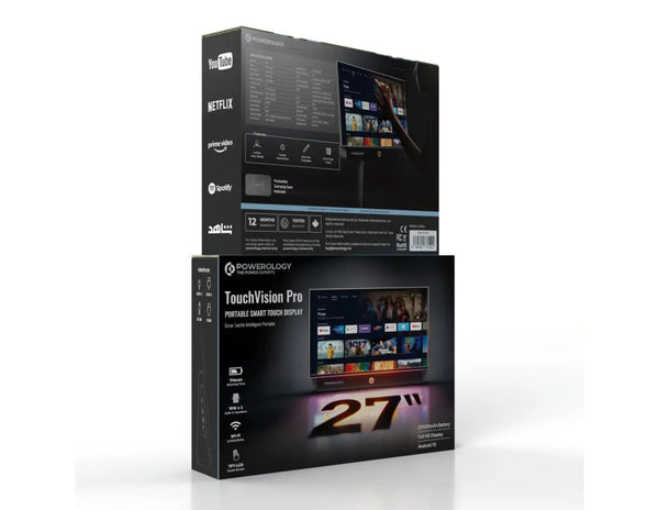 Powerology TouchVision Pro 27-inch portable smart touch display with Android 15 and Full HD screen.