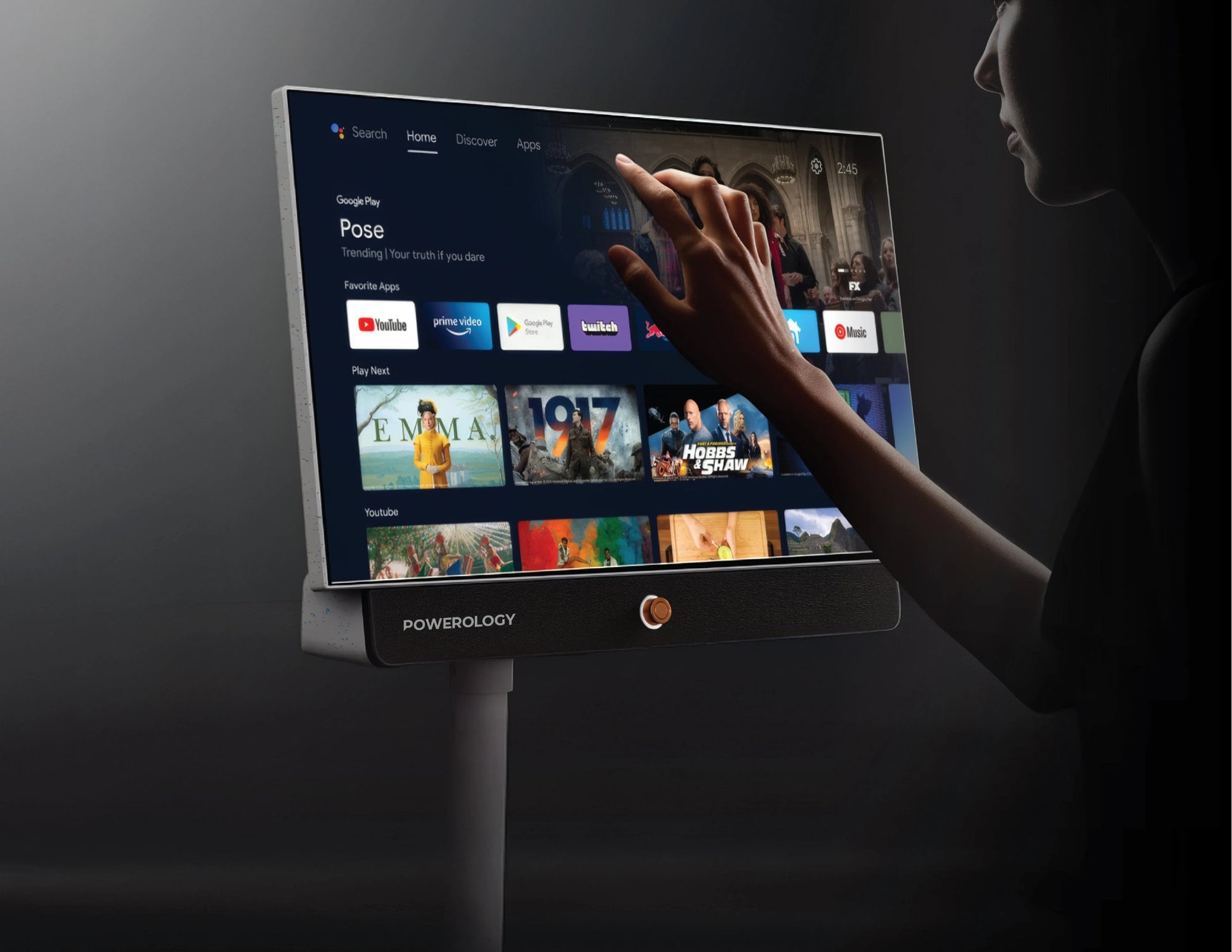 Powerology TouchVision Pro 27-inch portable smart touch display with Android 15 and Full HD screen.