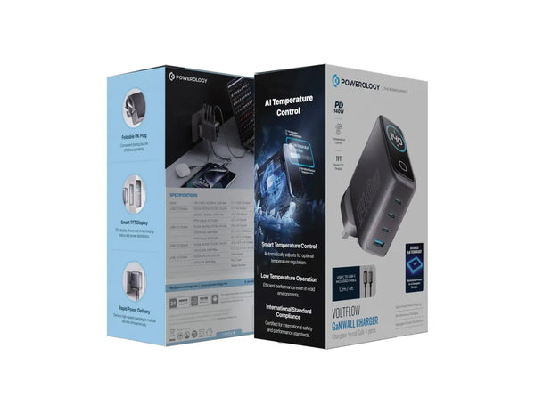 Powerology Voltflow 140W GaN wall charger black UK plug Qatar