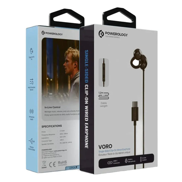 Powerology Voro single-sided USB-C wired clip-on earphone with microphone Black Qatar