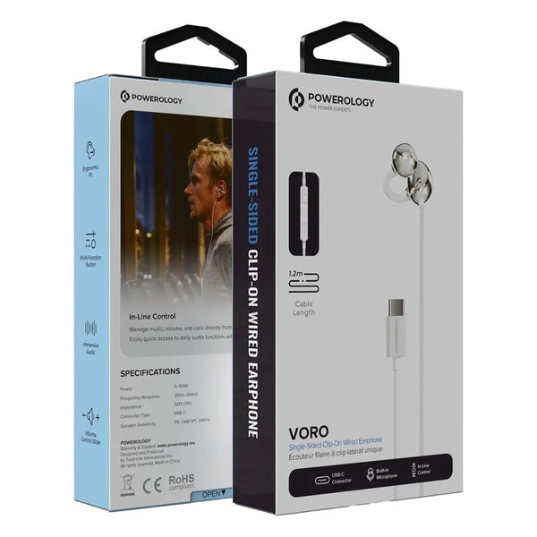 Powerology Voro single-sided USB-C wired clip-on earphone with microphone White Qatar