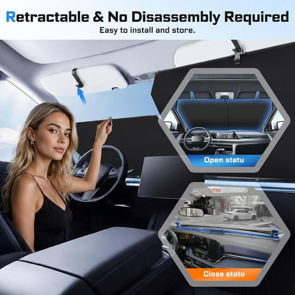 Retractable car windshield sun shade automatic 420D UV heat protection adjustable black Qatar