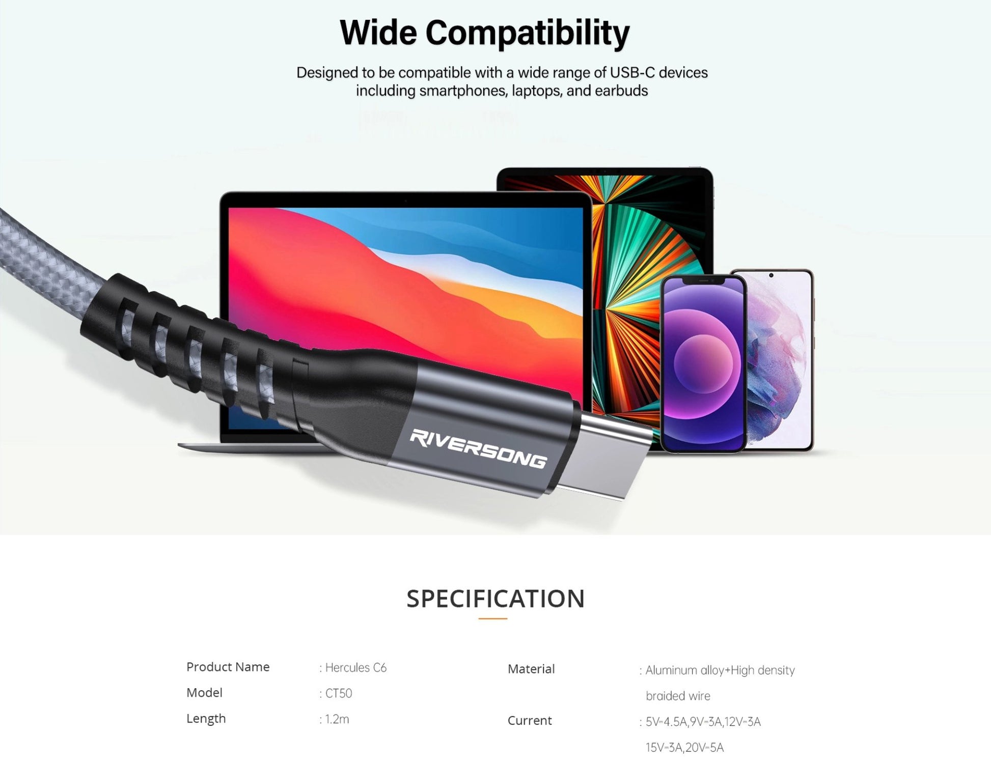 Riversong Hercules C6 3M USB-C to USB-C 100W fast charging data cable with braided nylon and aluminum alloy housing, at Thabthaba Store Qatar