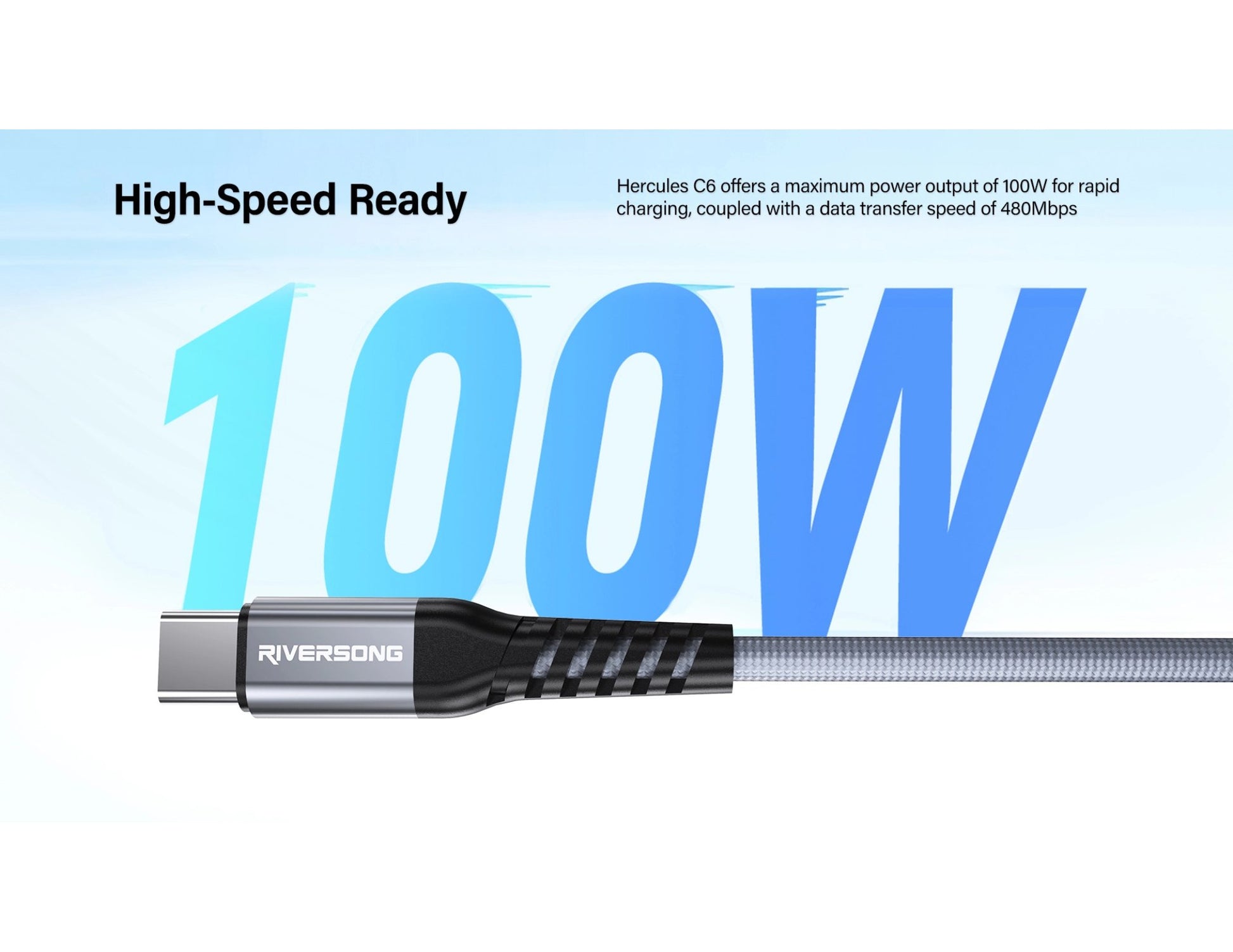 Riversong Hercules C6 3M USB-C to USB-C 100W fast charging data cable with braided nylon and aluminum alloy housing, at Thabthaba Store Qatar