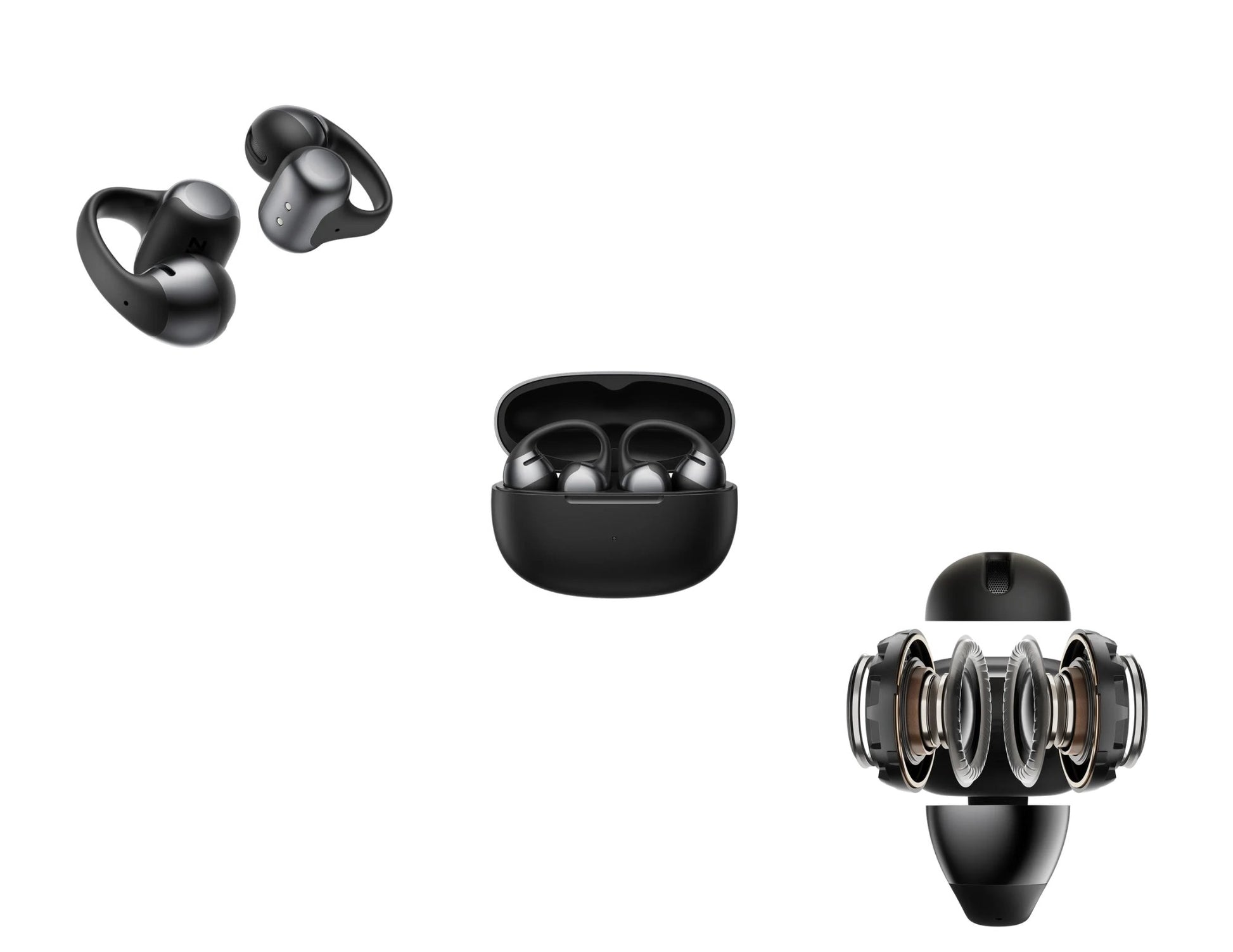 Shokz OpenDots ONE open-ear true wireless earbuds with Dolby Audio and clip-on design.