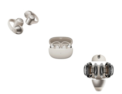 Shokz OpenDots ONE open-ear true wireless earbuds with Dolby Audio and clip-on design.