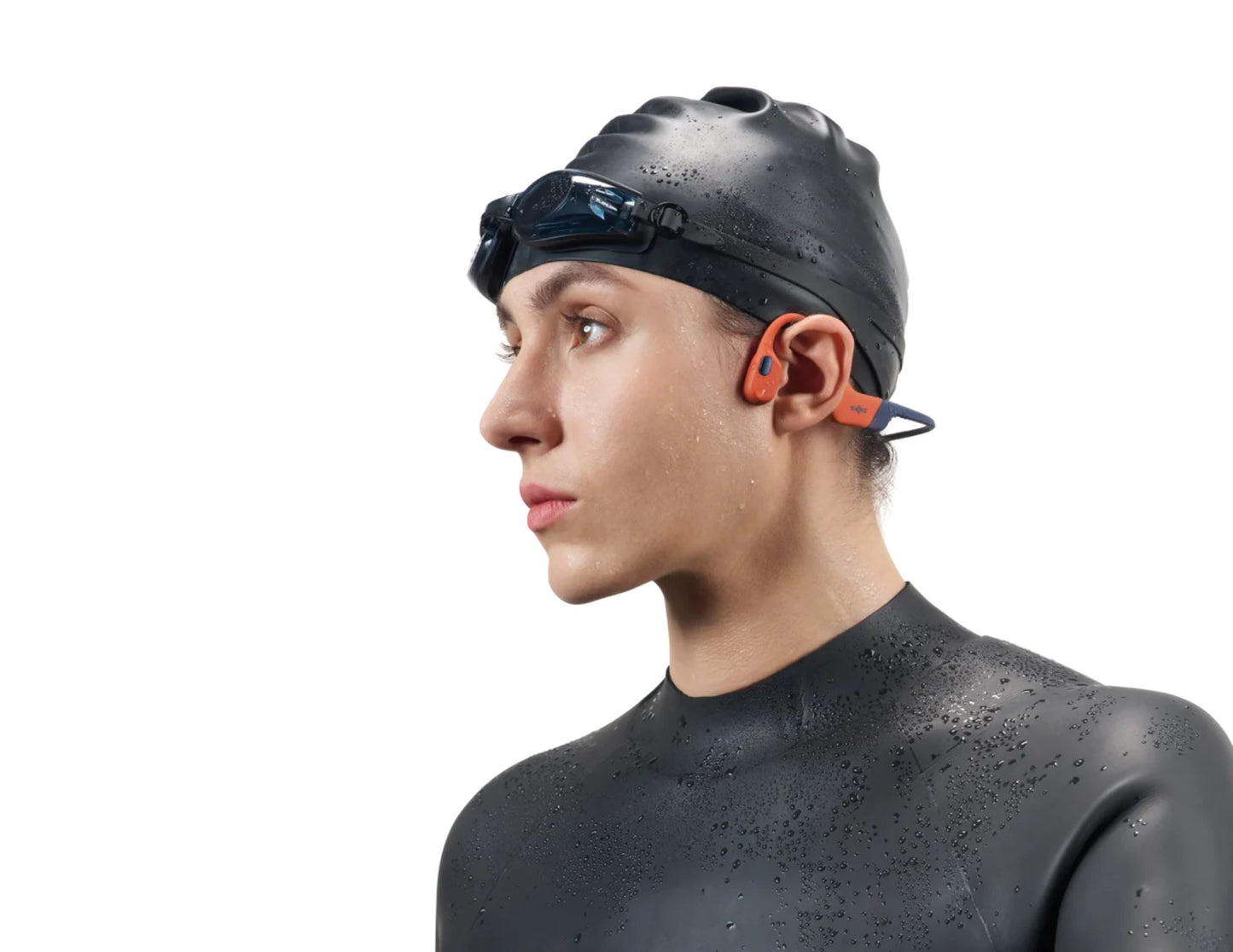 Shokz OpenSwim Pro bone conduction sport headphones with IP68 waterproof rating and open-ear design.