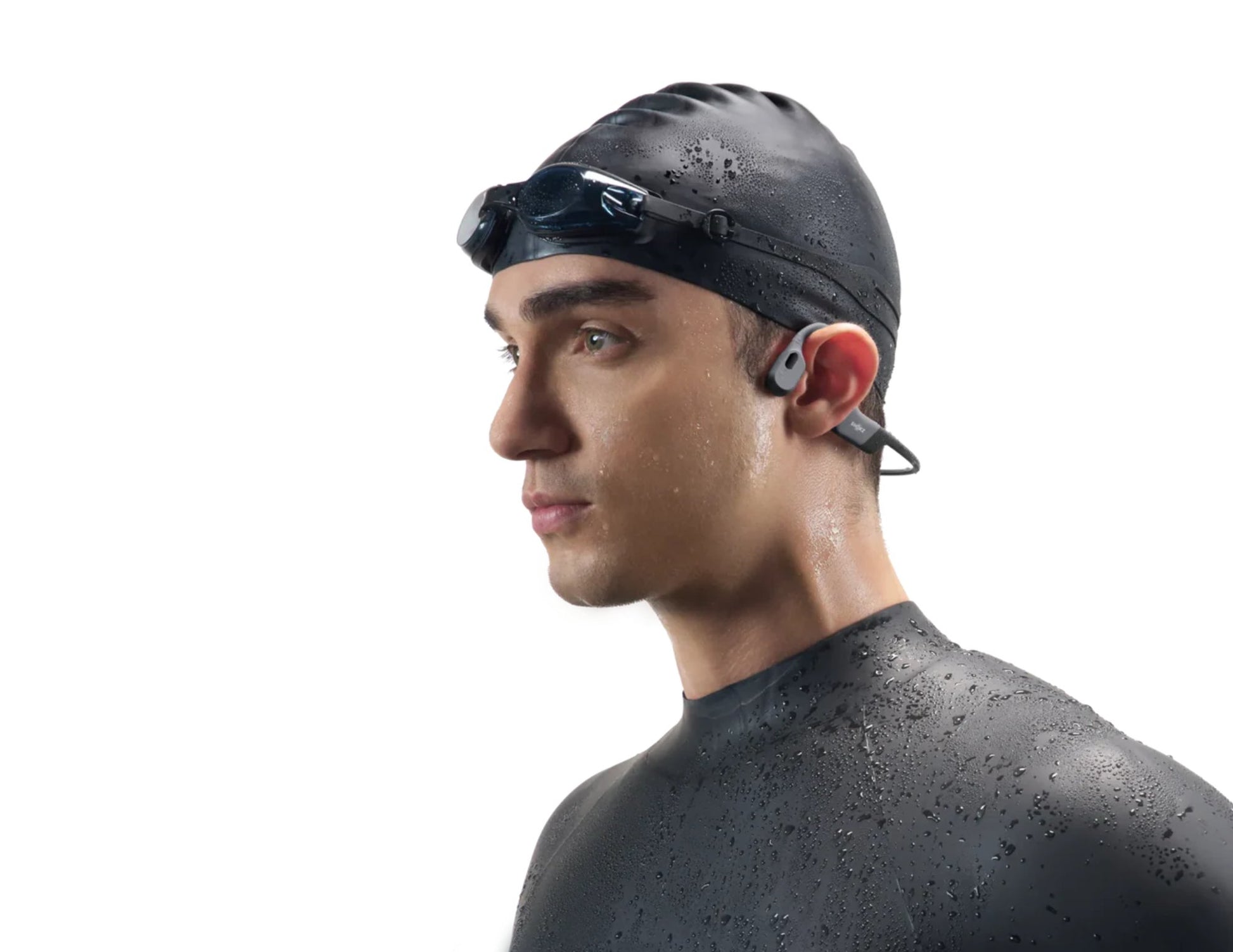 Shokz OpenSwim Pro bone conduction sport headphones with IP68 waterproof rating and open-ear design.