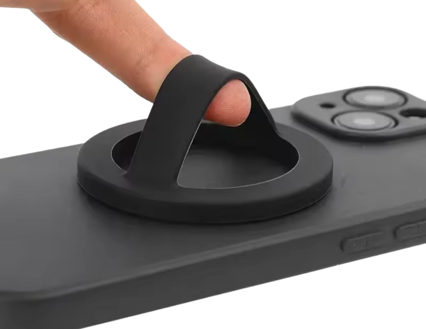 Black silicone magnetic 360-degree phone ring grip holder attached to smartphone Qatar