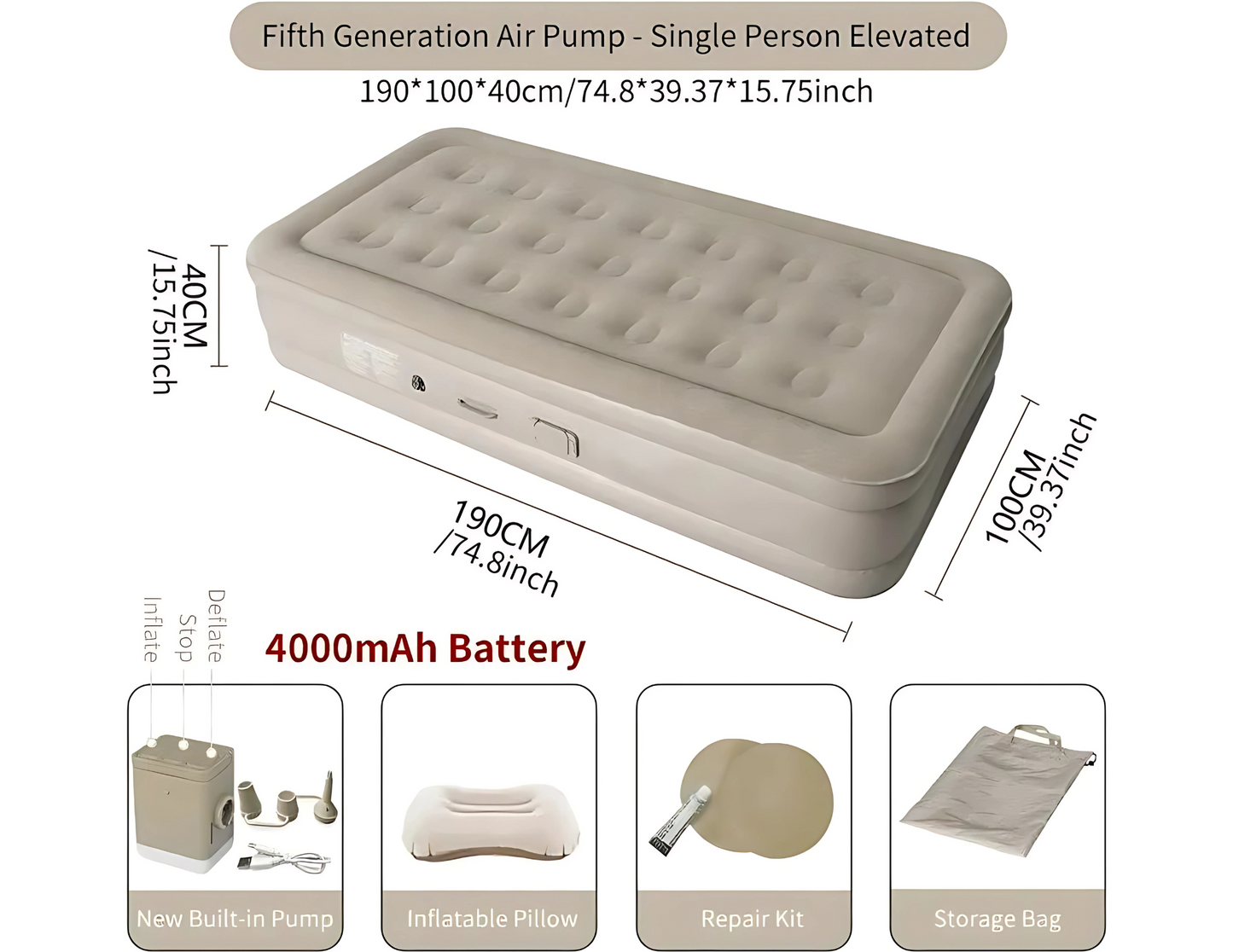 Single Automatic Inflatable Bed with included repair kit and storage bag.