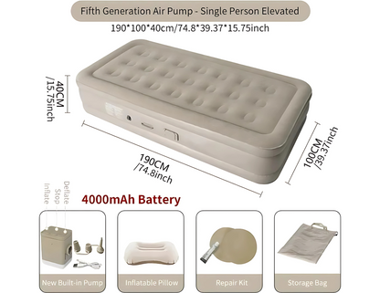 Single Automatic Inflatable Bed with included repair kit and storage bag.