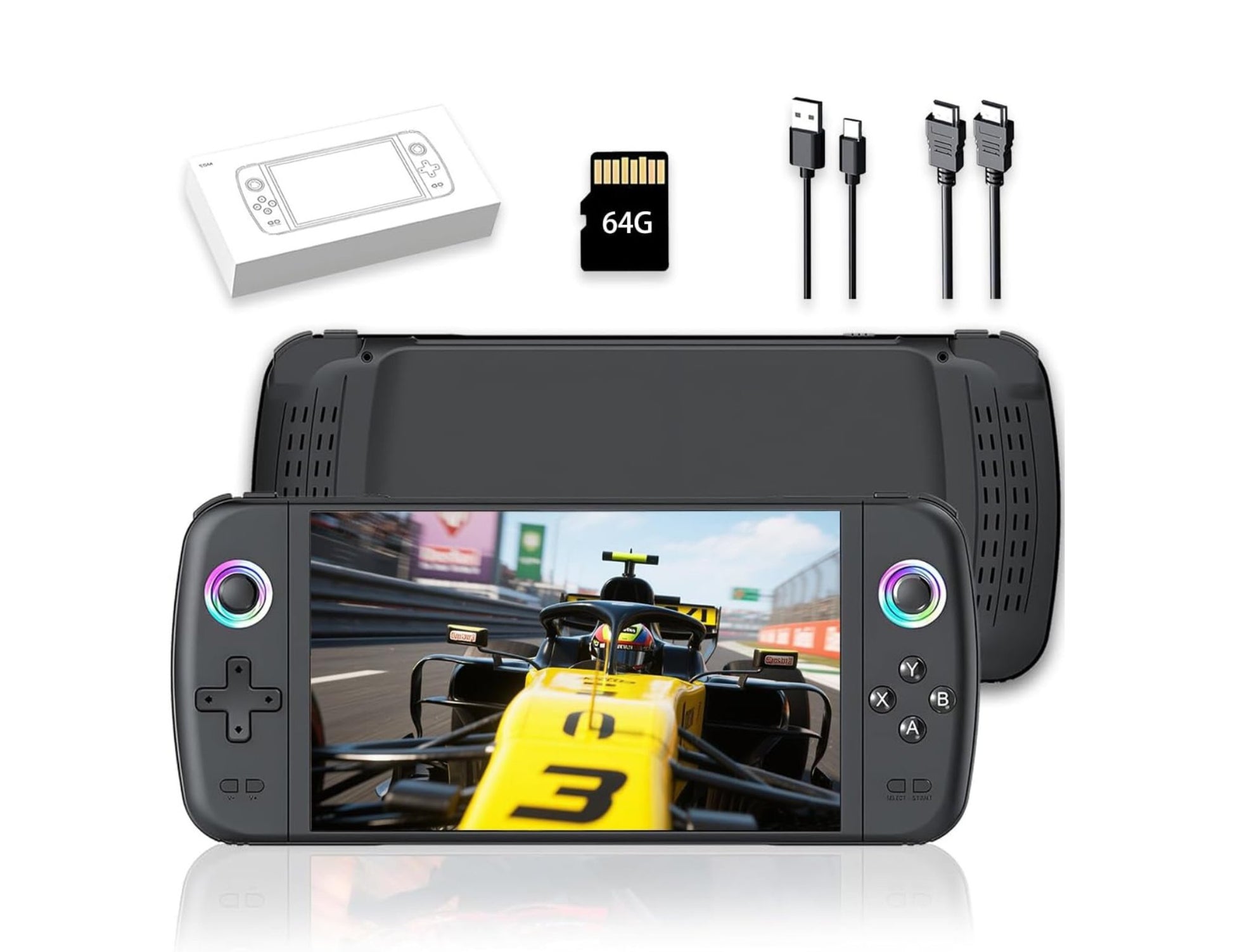 SJGAM M27 retro handheld gaming console black with 7-inch IPS screen and dual joysticks.