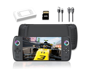 SJGAM M27 retro handheld gaming console black with 7-inch IPS screen and dual joysticks.