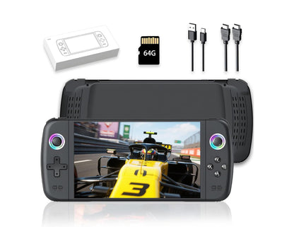 SJGAM M27 retro handheld gaming console black with 7-inch IPS screen and dual joysticks.